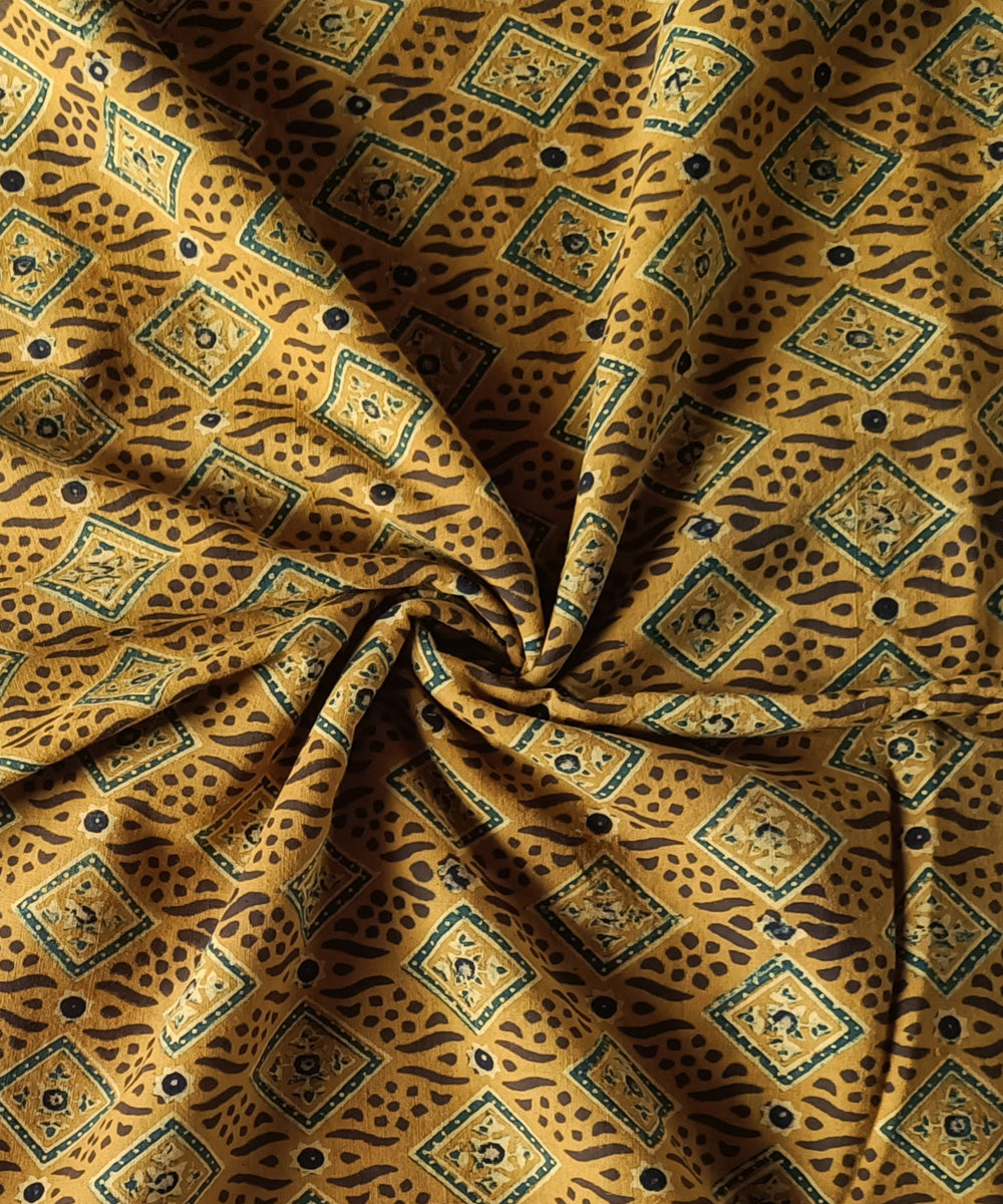 2.5m yellow green ajrakh handspun handwoven cotton kurta material