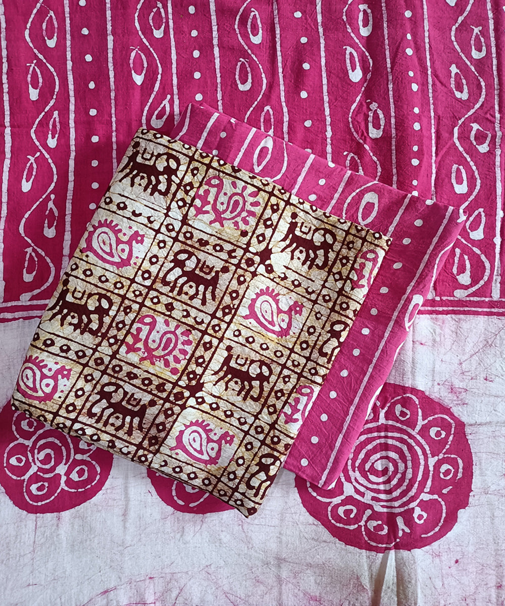 3pc Pink brown handspun handwoven cotton batik dress material – GoSwadeshi