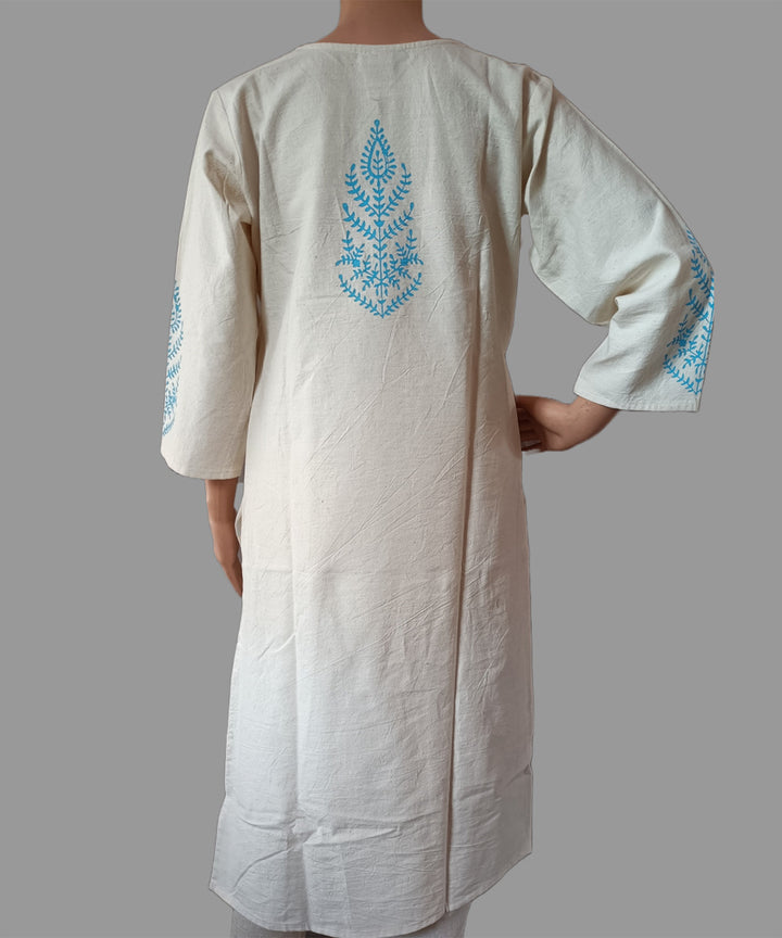 Beige sky blue hand block print handspun handwoven cotton kurti