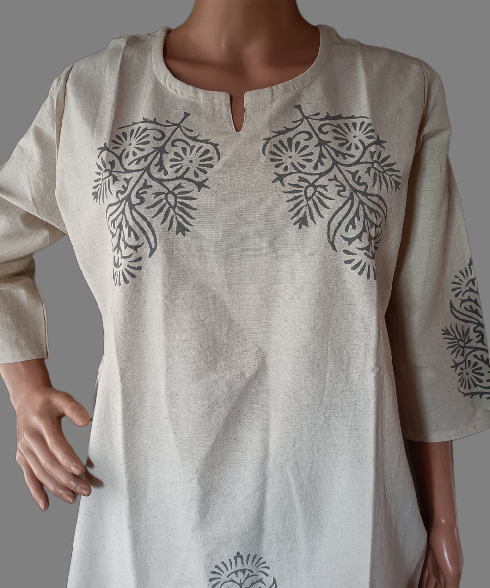 Beige grey hand block print handspun handwoven cotton kurti