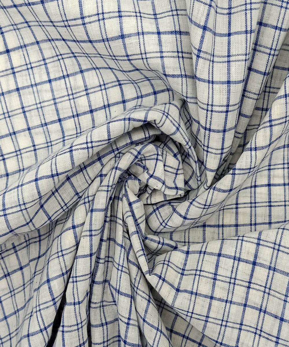 Off white blue checks handwoven cotton fabric