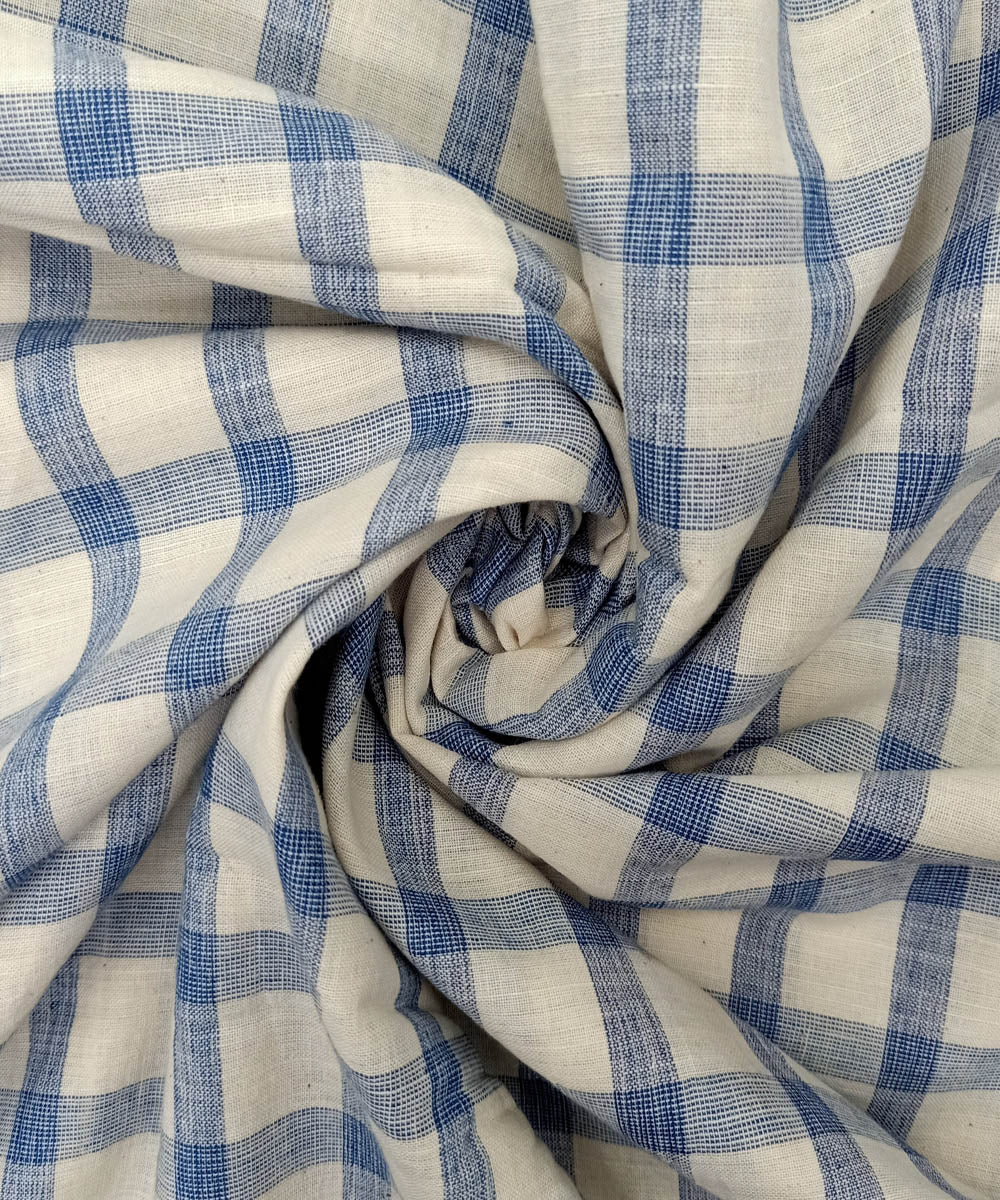 Off white navy blue checks handwoven cotton fabric