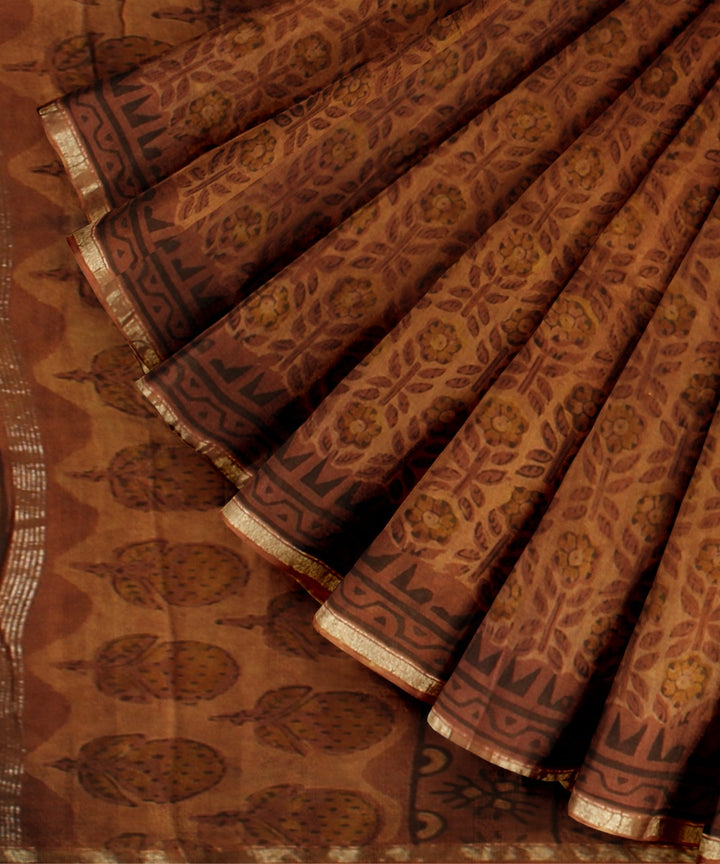 Mustard black block print cotton silk chanderi saree