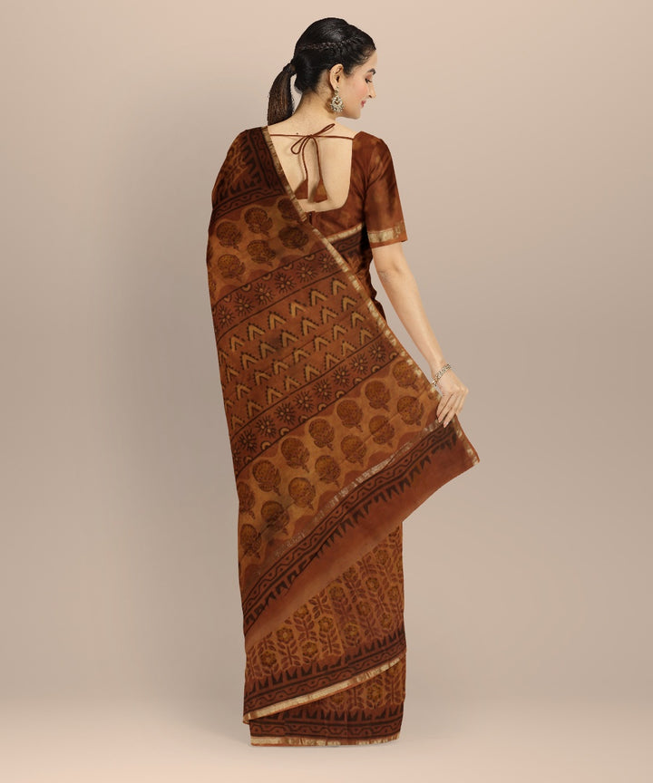 Mustard black block print cotton silk chanderi saree