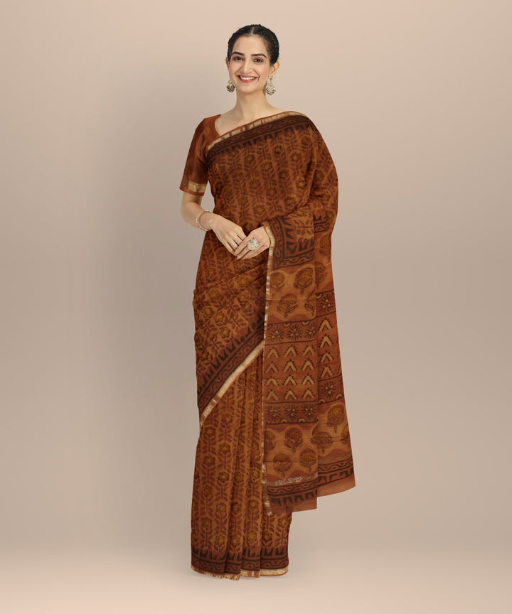 Mustard black block print cotton silk chanderi saree