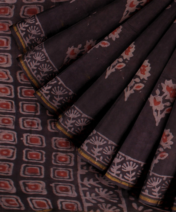 Black red cotton silk chanderi block print saree