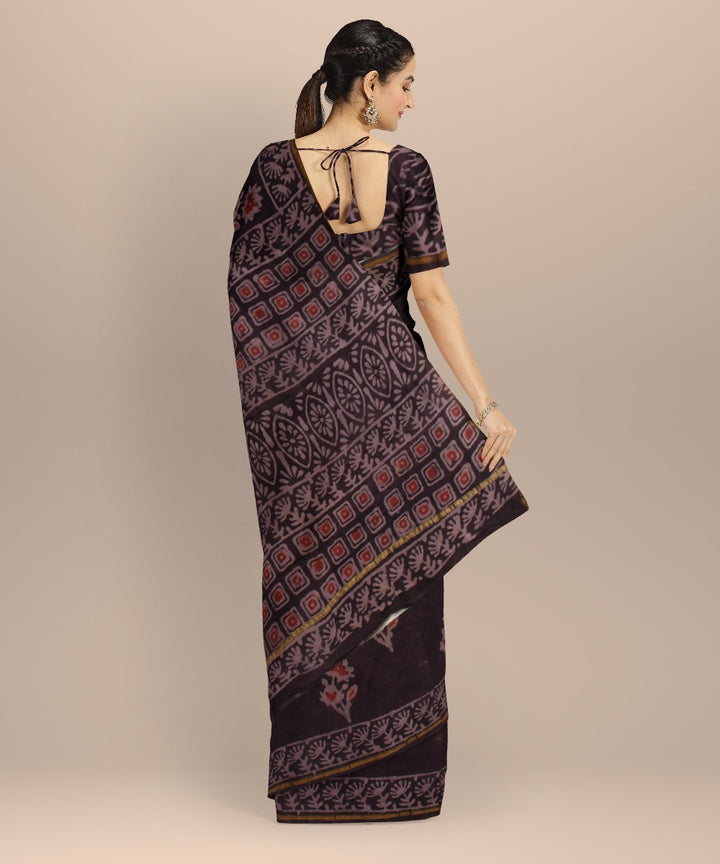 Black red cotton silk chanderi block print saree