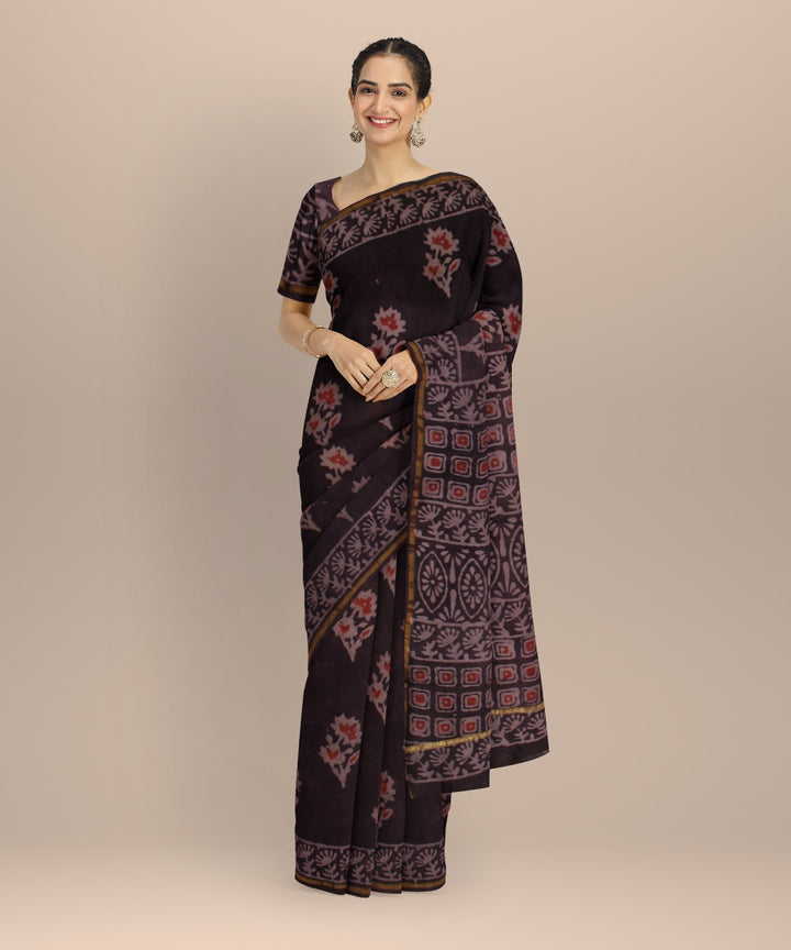 Black red cotton silk chanderi block print saree