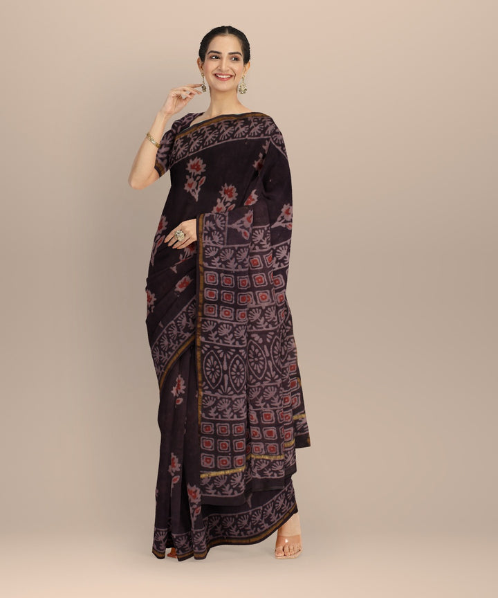 Black red cotton silk chanderi block print saree