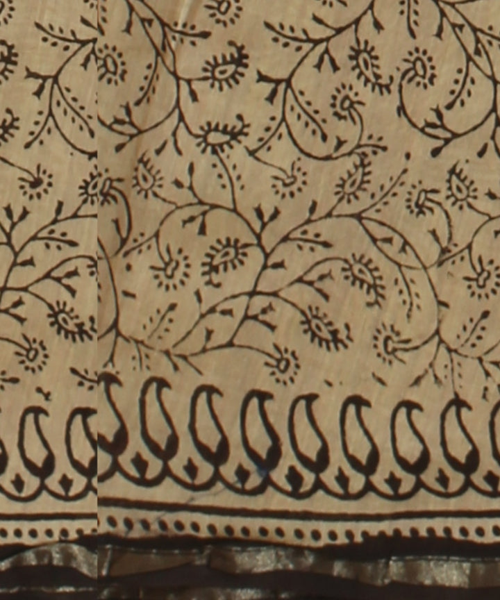 Beige red block print cotton silk chanderi saree