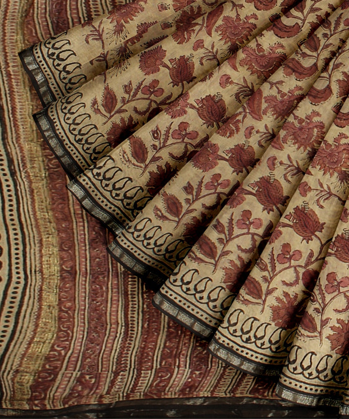 Beige red block print cotton silk chanderi saree