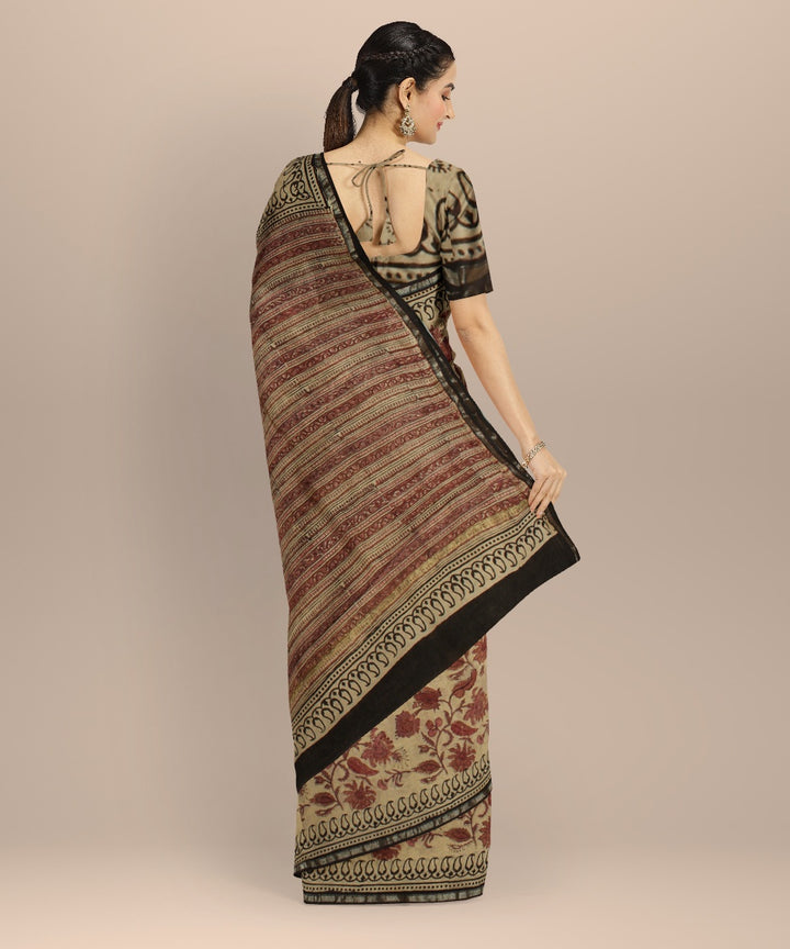 Beige red block print cotton silk chanderi saree