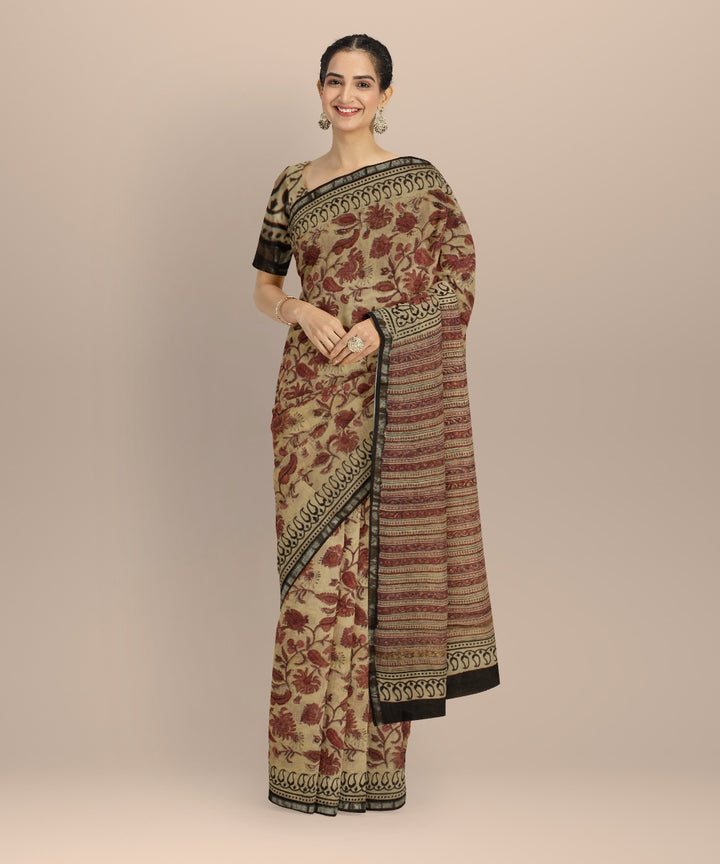 Beige red block print cotton silk chanderi saree