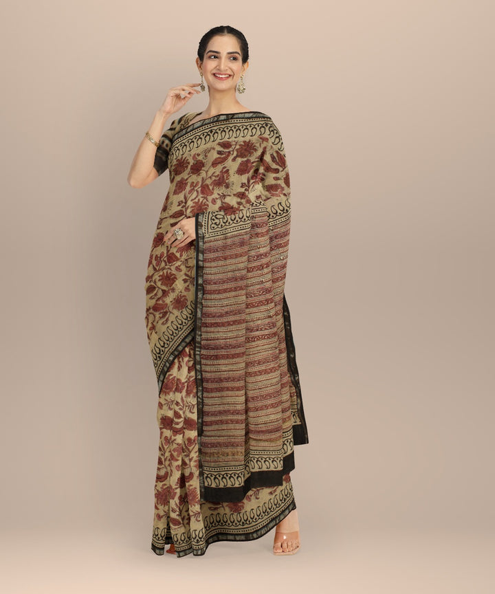 Beige red block print cotton silk chanderi saree