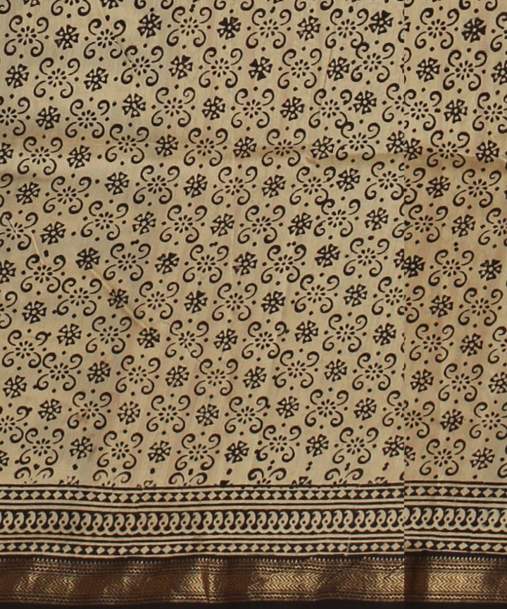 Red beige block printed cotton silk chanderi saree