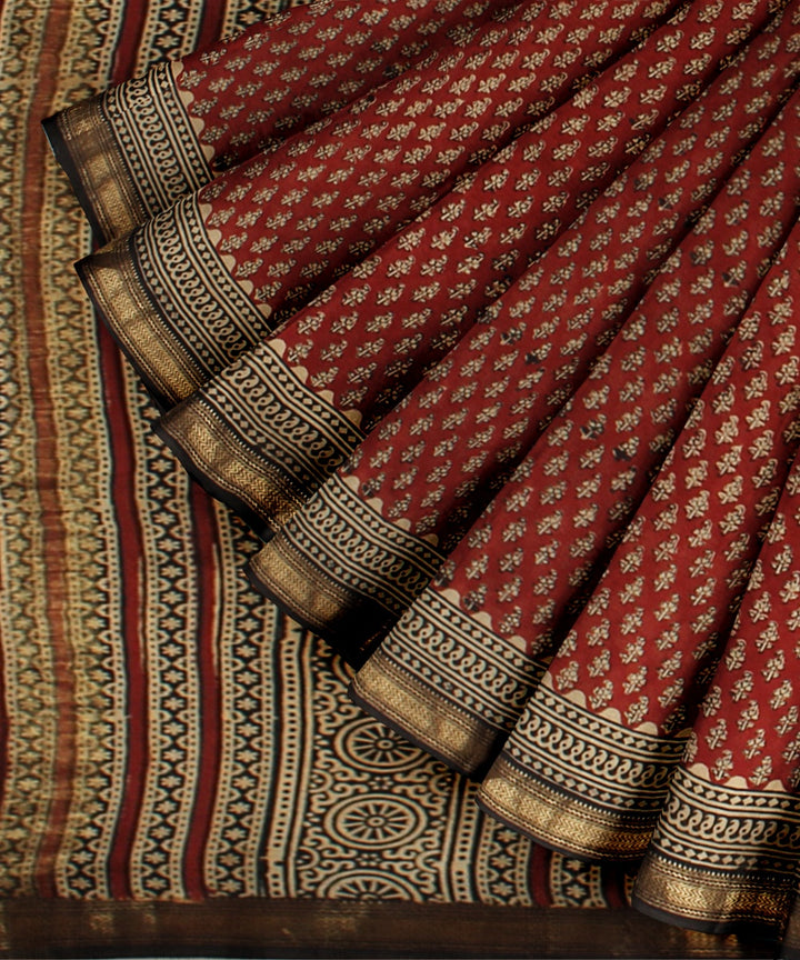 Red beige block printed cotton silk chanderi saree