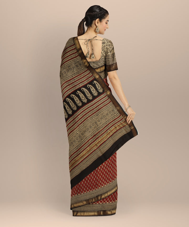 Red beige block printed cotton silk chanderi saree