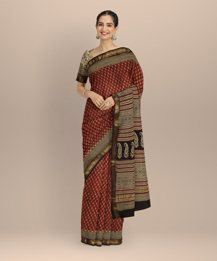 Red beige block printed cotton silk chanderi saree