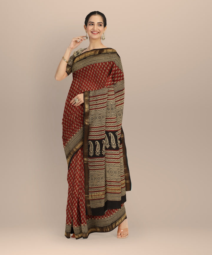 Red beige block printed cotton silk chanderi saree