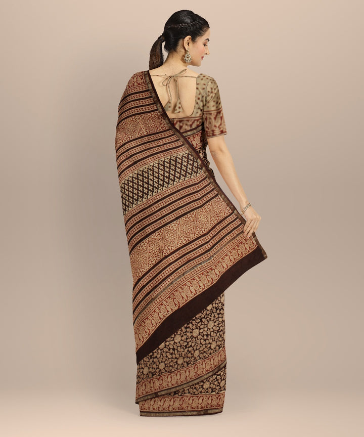 Beige black cotton silk block print chanderi saree