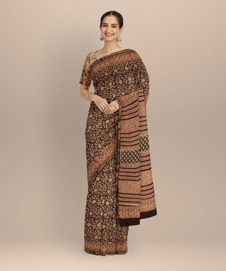 Beige black cotton silk block print chanderi saree
