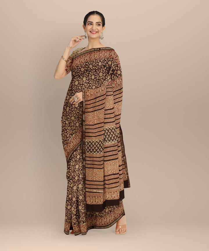 Beige black cotton silk block print chanderi saree