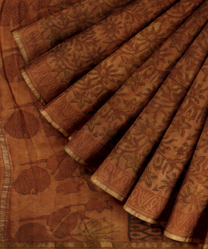 Mustard hand block print cotton silk chanderi saree