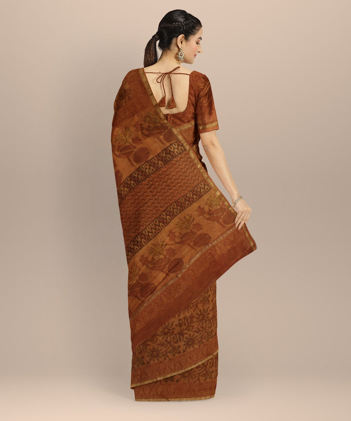Mustard hand block print cotton silk chanderi saree