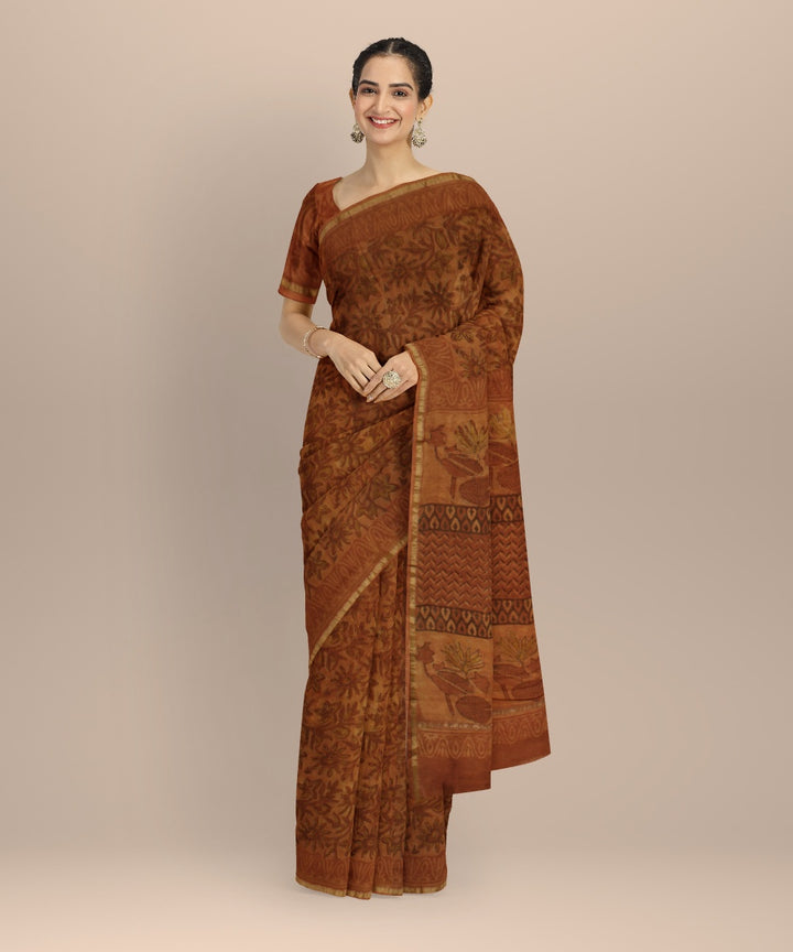 Mustard hand block print cotton silk chanderi saree