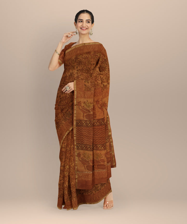 Mustard hand block print cotton silk chanderi saree