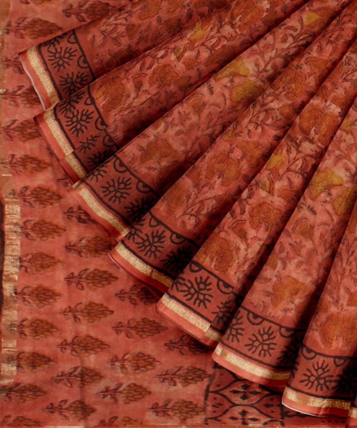 Beige pink chanderi block print cotton silk saree