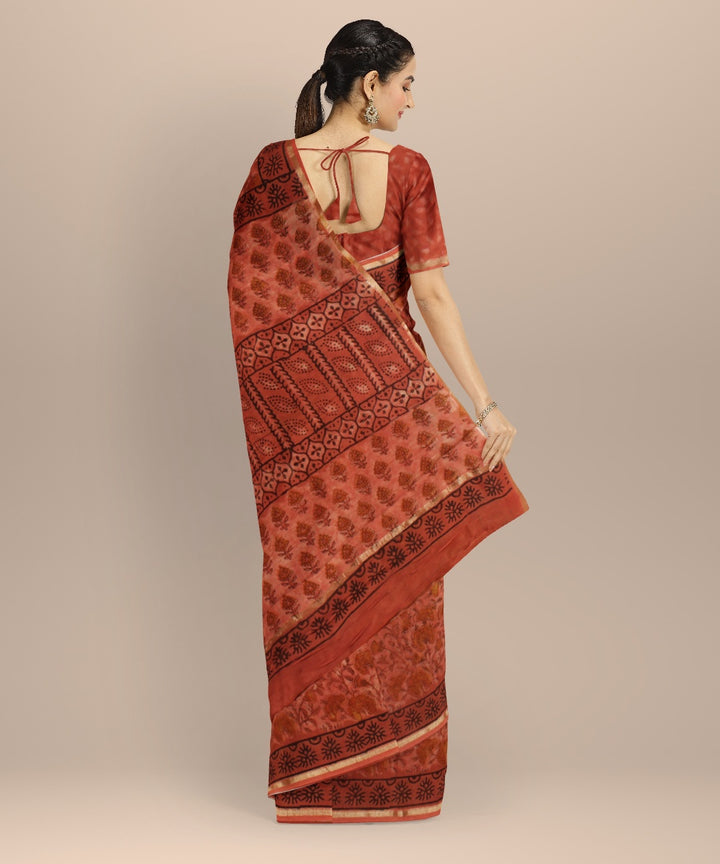 Beige pink chanderi block print cotton silk saree