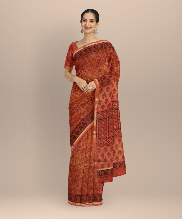 Beige pink chanderi block print cotton silk saree