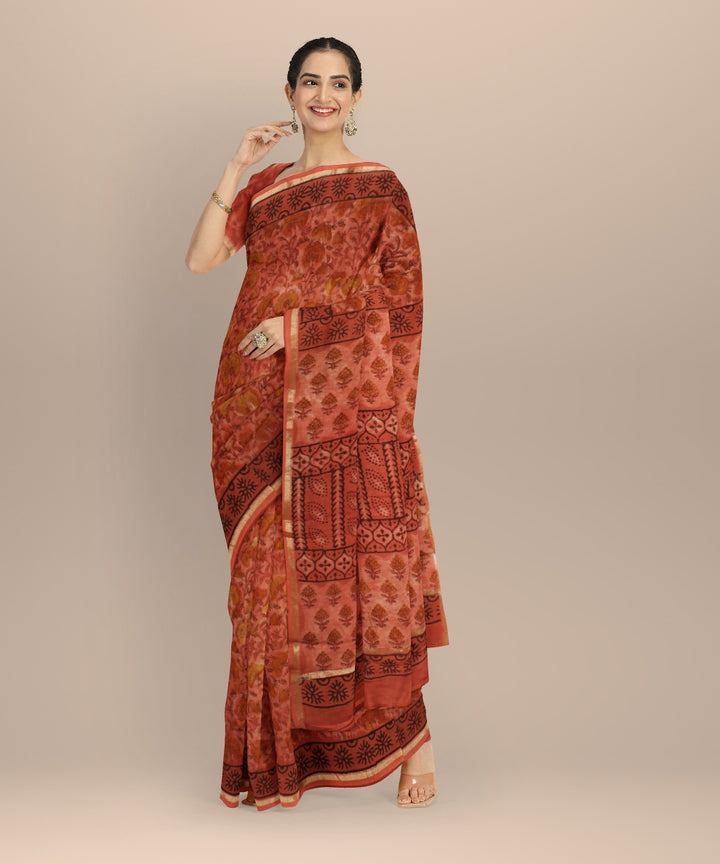 Beige pink chanderi block print cotton silk saree