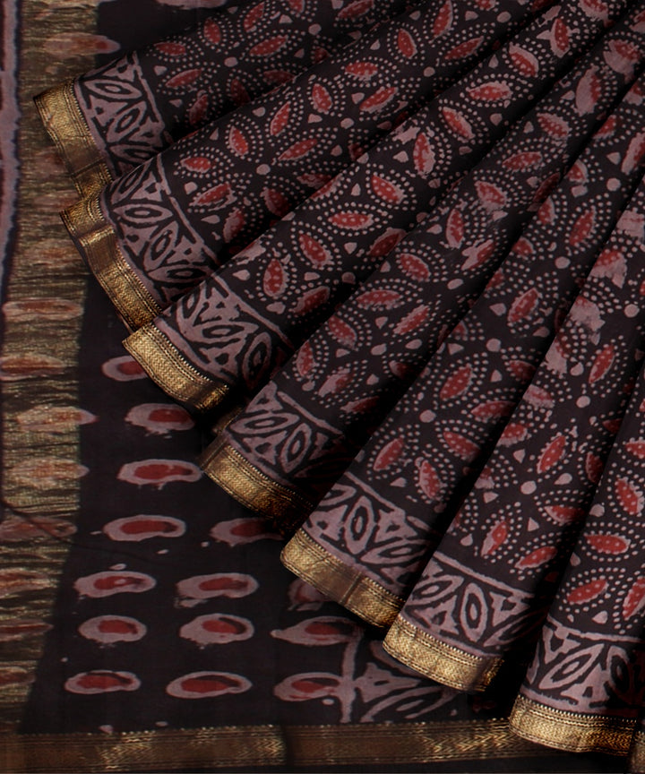 Black red block print cotton silk chanderi saree