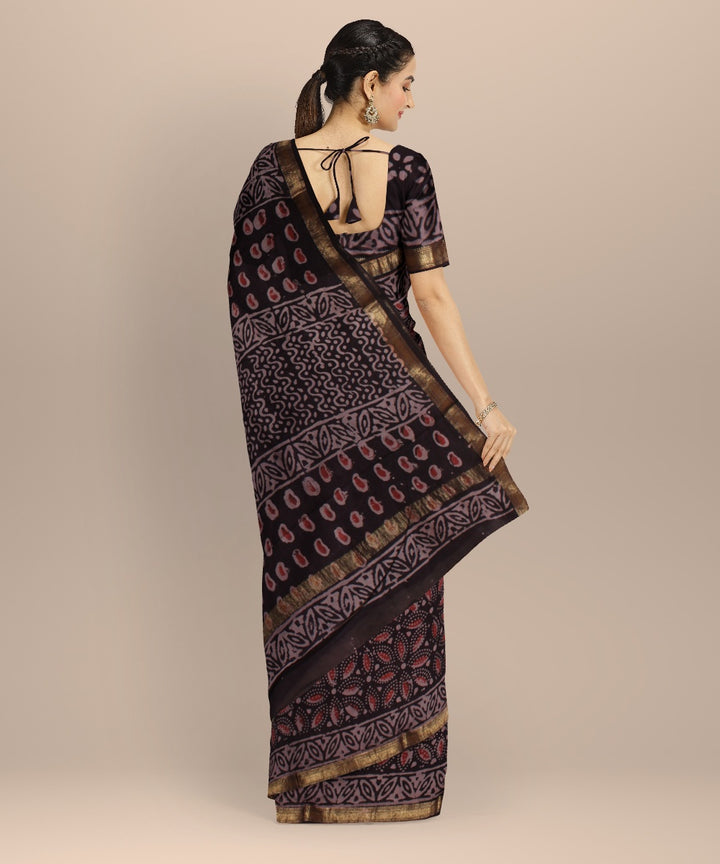 Black red block print cotton silk chanderi saree