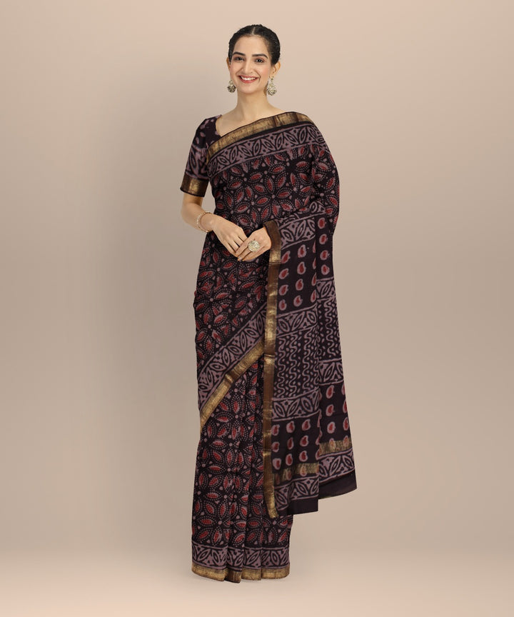 Black red block print cotton silk chanderi saree