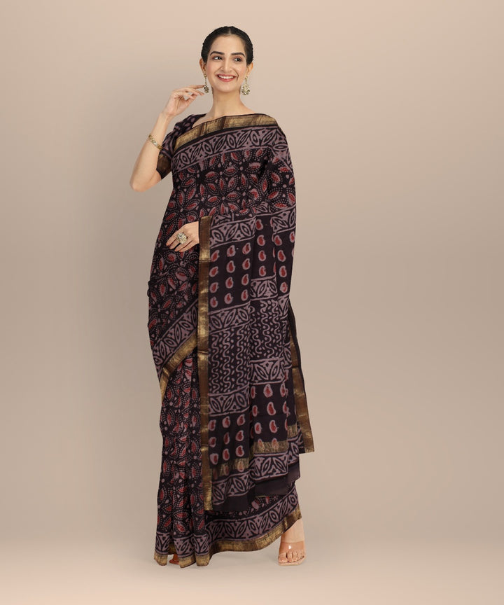 Black red block print cotton silk chanderi saree