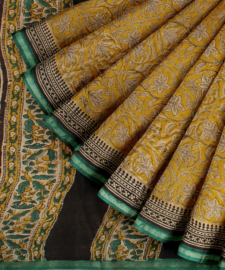 Yellow green block print cotton silk chanderi saree