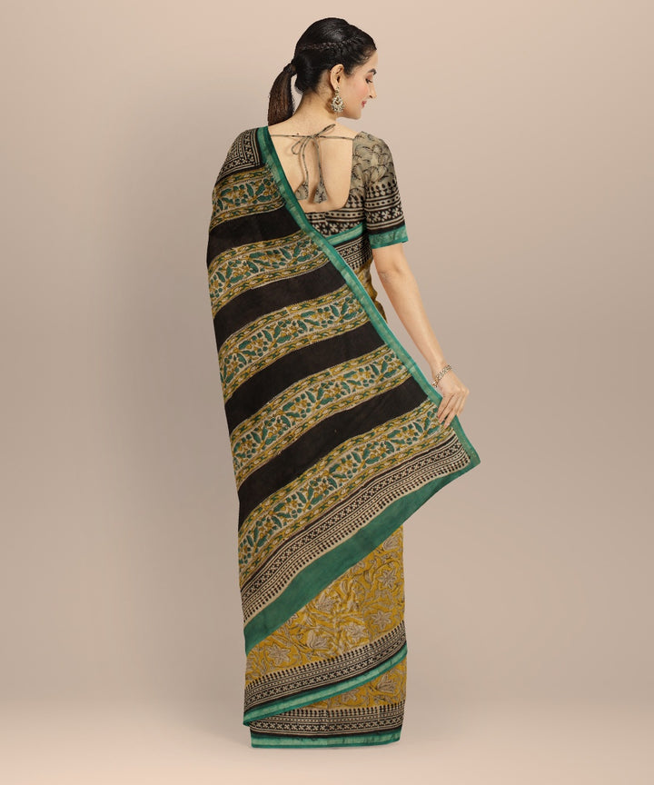 Yellow green block print cotton silk chanderi saree