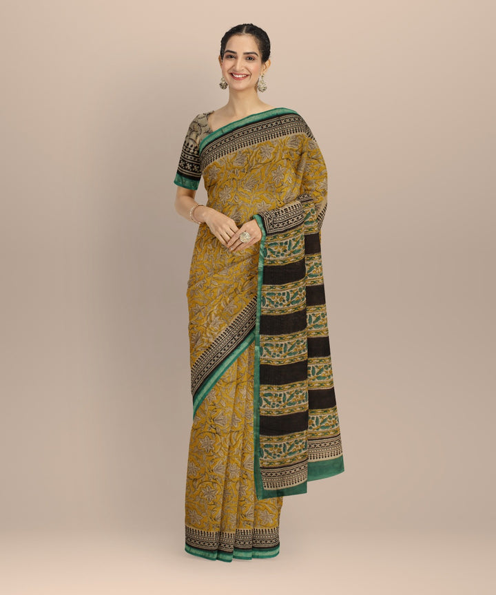 Yellow green block print cotton silk chanderi saree