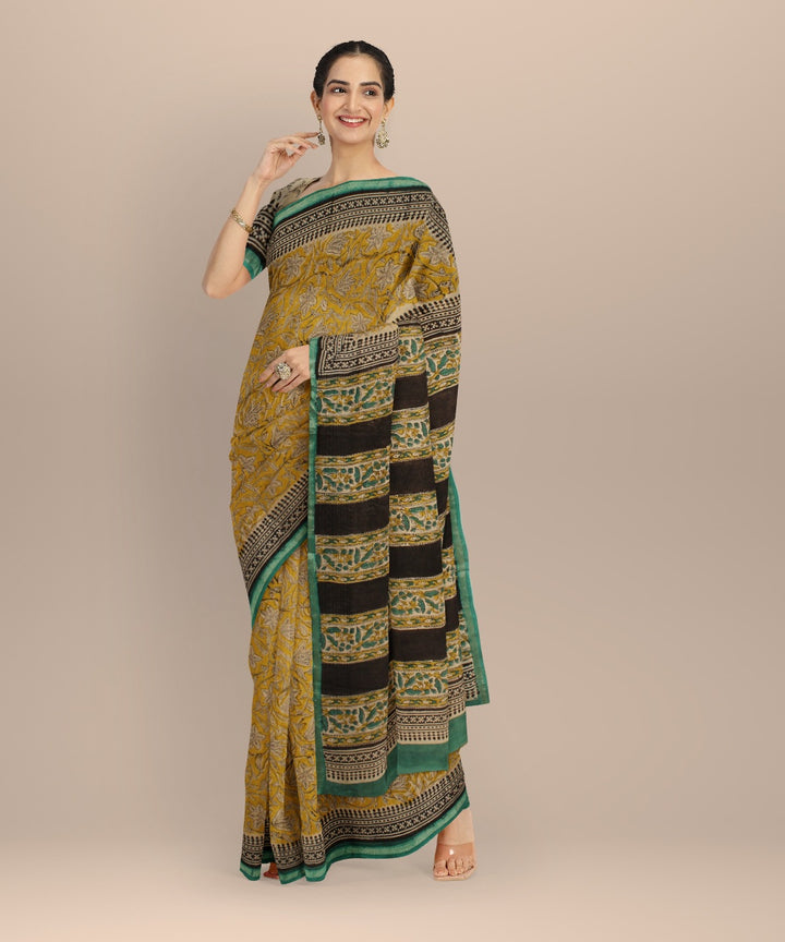 Yellow green block print cotton silk chanderi saree