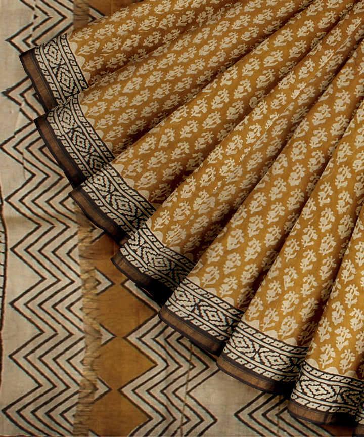 Beige yellow block print cotton silk chanderi saree
