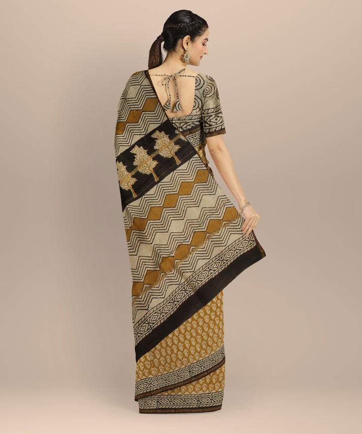 Beige yellow block print cotton silk chanderi saree