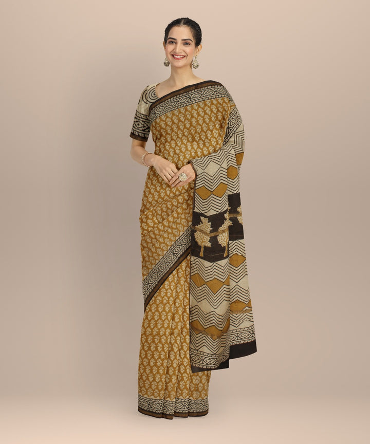 Beige yellow block print cotton silk chanderi saree