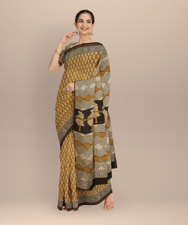 Beige yellow block print cotton silk chanderi saree