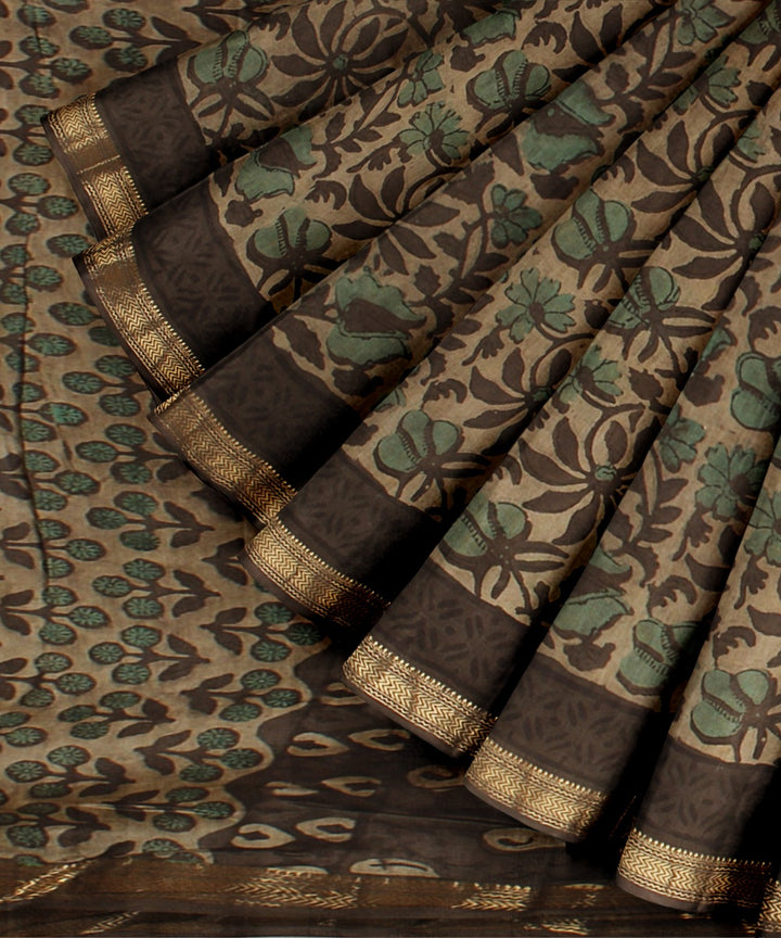 Beige brown block printed cotton silk chanderi saree