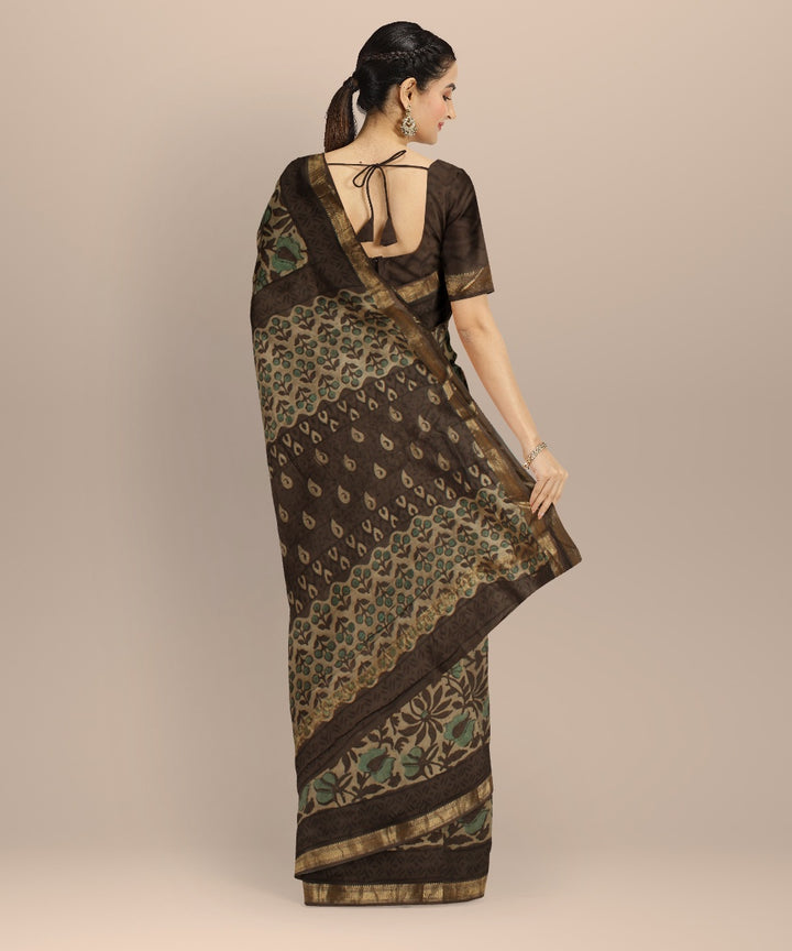 Beige brown block printed cotton silk chanderi saree