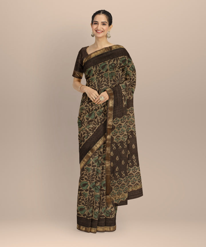 Beige brown block printed cotton silk chanderi saree