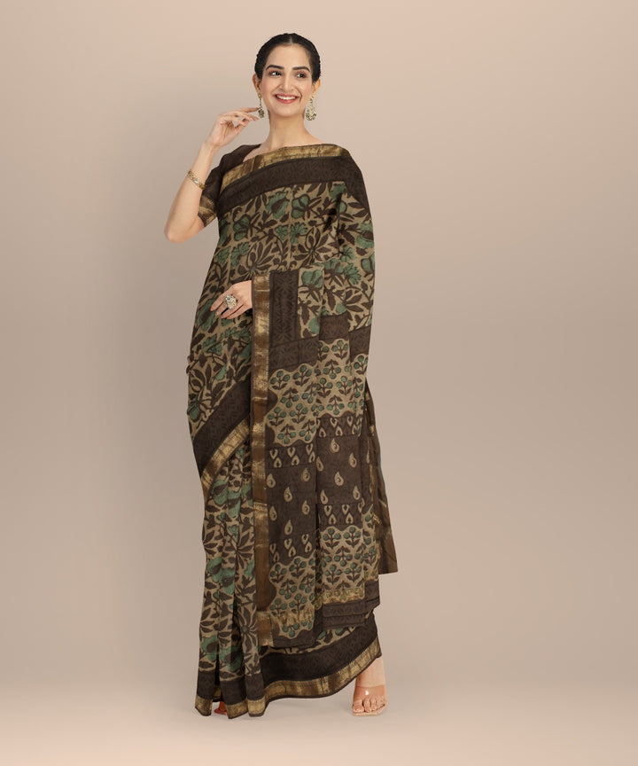 Beige brown block printed cotton silk chanderi saree